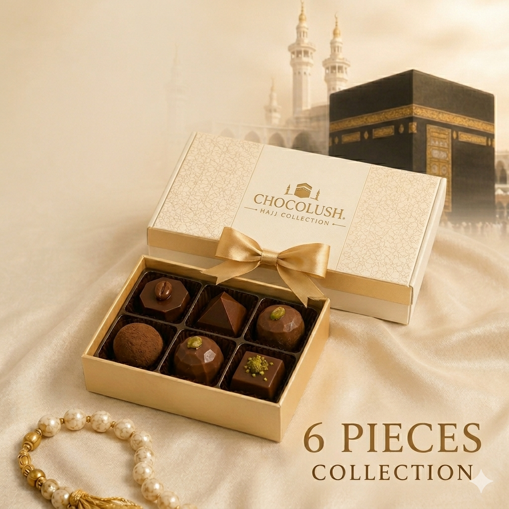 Box of chocolates with a gold bow, 'Chocolush' branding, and a blurred background of the Kaaba.